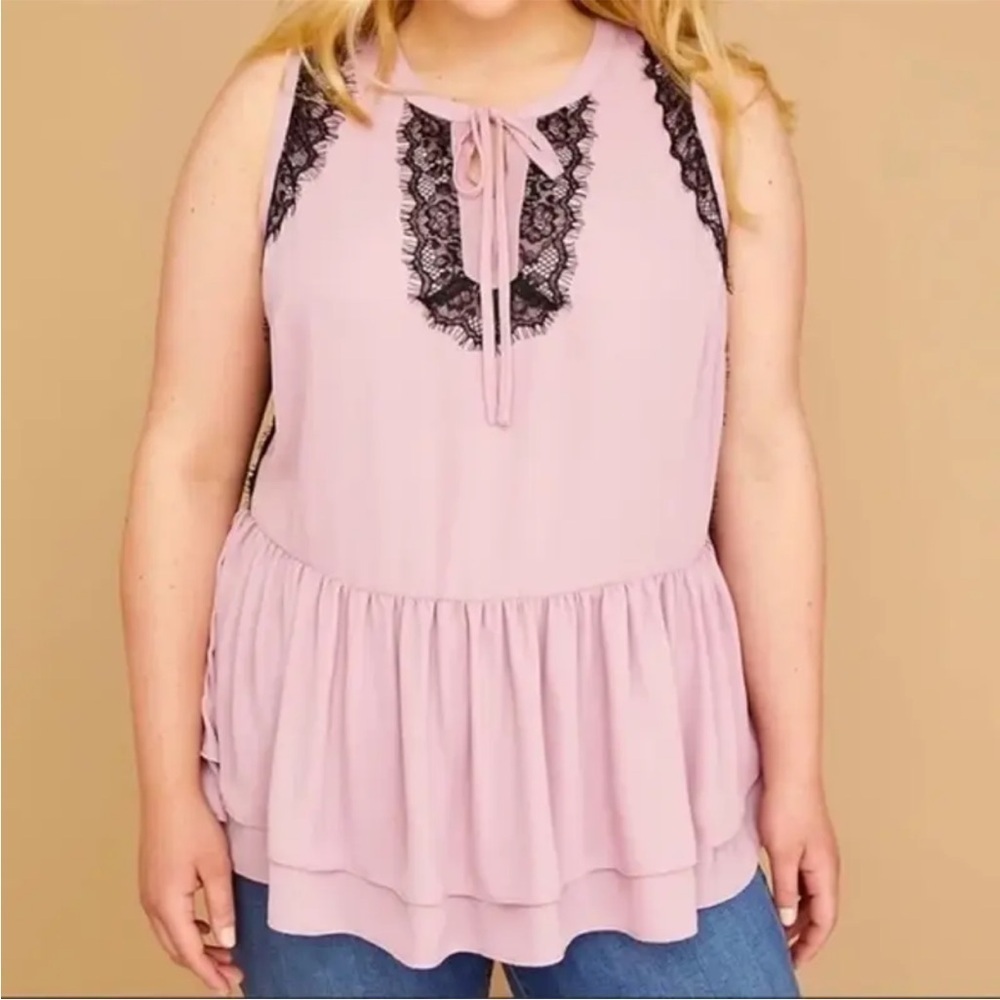 Lane Bryant Pink Chiffon Black Lace Accent Tiered Drop-Waist Peplum Top Size 28